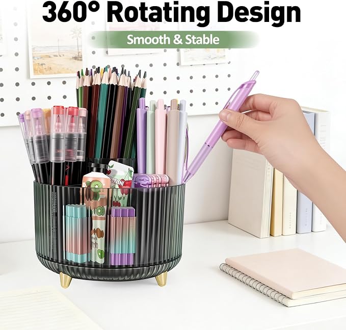 360 Rotating Pen Pencil Holder for Desk, Pen Organizer with 5 Slots | Makeup Brush Holder, Desk Organizer and Accessories, Cute Pencil Cup Caddy for Office School Home Decor Art Supply (Green)