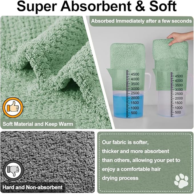 Medium to Large Size Dog Bathrobe, Quick Drying Super Absorbent, Warm Dog Towels, Adjustable Hoodies and Belts for Dog Bath Products (Green Jacquard, 3XL-Fit for 28 to 45 pounds)