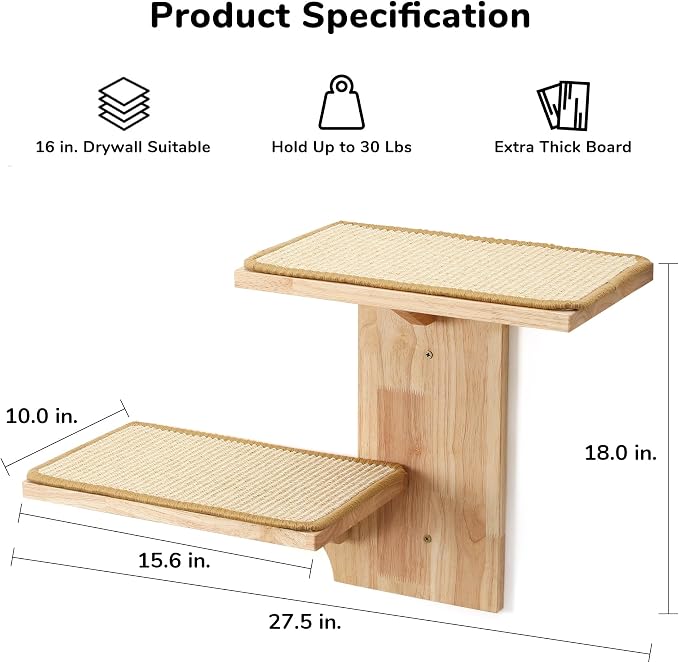 FUKUMARU Cat Wall Shelves, 2 Platform Kitten Wall Furniture, Tree Shape Wall-Mounted Floating Shelf with Sisal Mat, Solid Rubber Wood Cats Perch for 16 Inch Drywall, Suitable for Climb, Play, Nap | Floating Shelf Kitten Furniture, Solid Rubber Wood Cat...