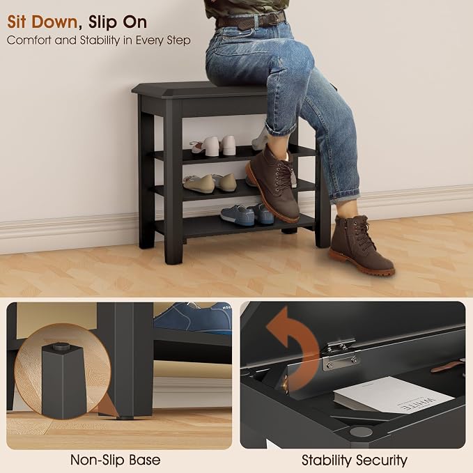 IUNVR Shoe Rack Bench Seat Rubberwood 3-Tier Wooden Storage Bench 550lbs Compact Mid-Century Modern Design for Entryway, Hallway, Closet, Front Door Entrance, Foyer