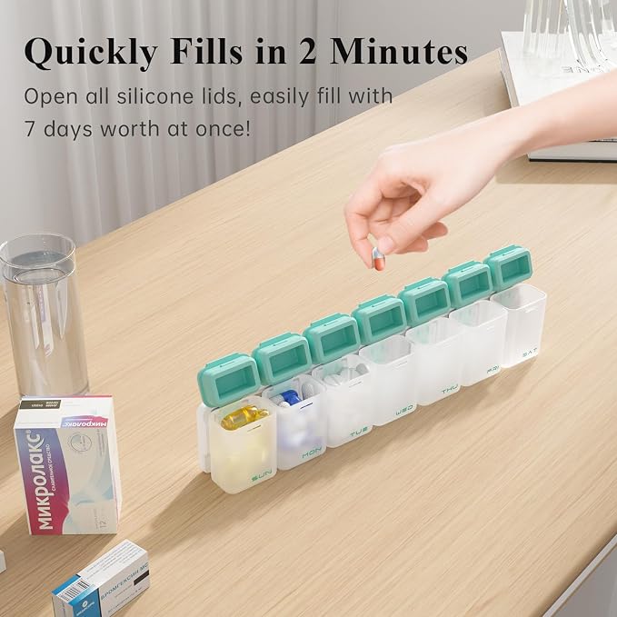 KOVIUU Weekly Pill Organizer, Magnetic Medicine Vitamin Case 1 Time a Day | Week Once Daily Supplement Box, Removable Medication Container Holder for Fridge, 7 Day Large Travel Pill Dispenser, Cyan