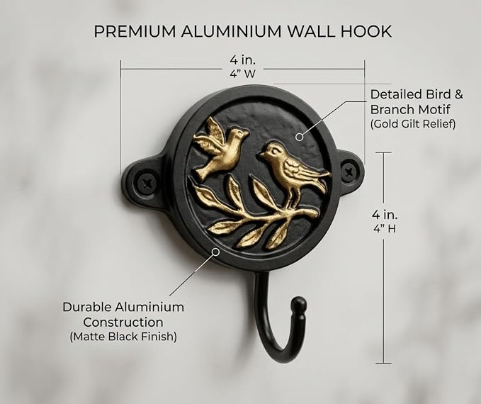 Aluminium Bird Print Wall Hook for Home Décor | Decorative Rustic Wall Mounted Coat & Key Holder | Strong Multipurpose Hanging Hook for Entryway, Bedroom, Bathroom & Kitchen
