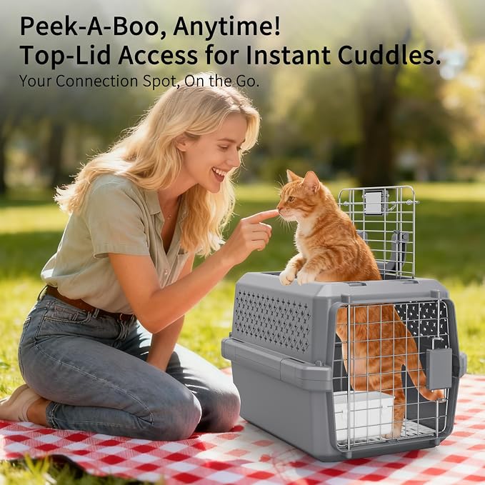 Airline-Approved Pet Carrier: Hard-Sided Crate for Cats & Dogs | Secure Metal Locking Door / Multi-Side Ventilation / Top Carry Handle / Lightweight Durable Shell / Includes Travel Bowl