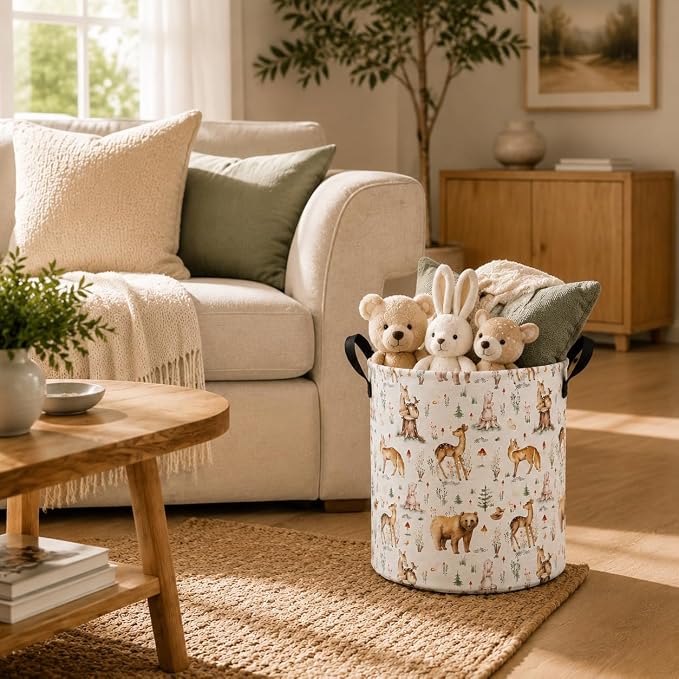 MAIZMZ Woodland Animal Storage Bin, Waterproof Lining Laundry Basket with Leather Handles for Kids Room, Gifts