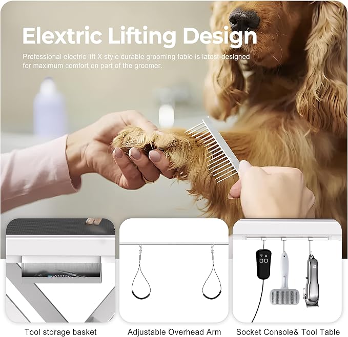 Electric Dog Grooming Table for Large Dogs - Professional Heavy Duty Height Adjustable Home Indoor Pet Grooming Station with Grooming Arm, Anti Slip Tabletop & Tool Organizer, 50''/White