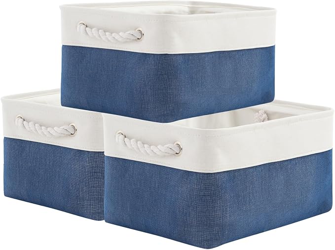 Storage Basket for Organizing - Medium 3 Pack 14x10x7 inch Fabric Storage Cubes for Shelves with Rope, Collapsible Storage Bin for Organizer Closet Cloth Gift Toy (White & Jean Blue)