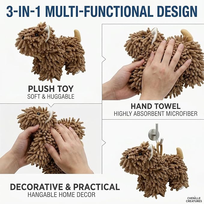 Cute Dog Chenille Hand Towel, 3D Puppy Hangable Fuzzy Ball Hand Towel Microfiber Super Soft Absorbent Bathroom & Kitchen Towels with Hanging Loop, Can Be Placed on the Sink Countertop (Dark Brown)