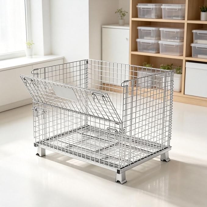 Foldable Wire Storage Cage with Front Drop Door - Open-Top Metal Mesh Crate for Pets, Easy Access, Portable, Heavy-Duty, Ideal for Dog Cat Training and Transportation