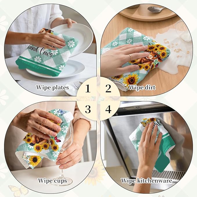 Highland Cow Kitchen Towels Set of 2 - Absorbent Dish Towels for Kitchen Drying, 17x26 Inch Farmhouse Western Cow Dish Towels Sunflower Plaid Design, Housewarming Gifts for Women Cows Lovers