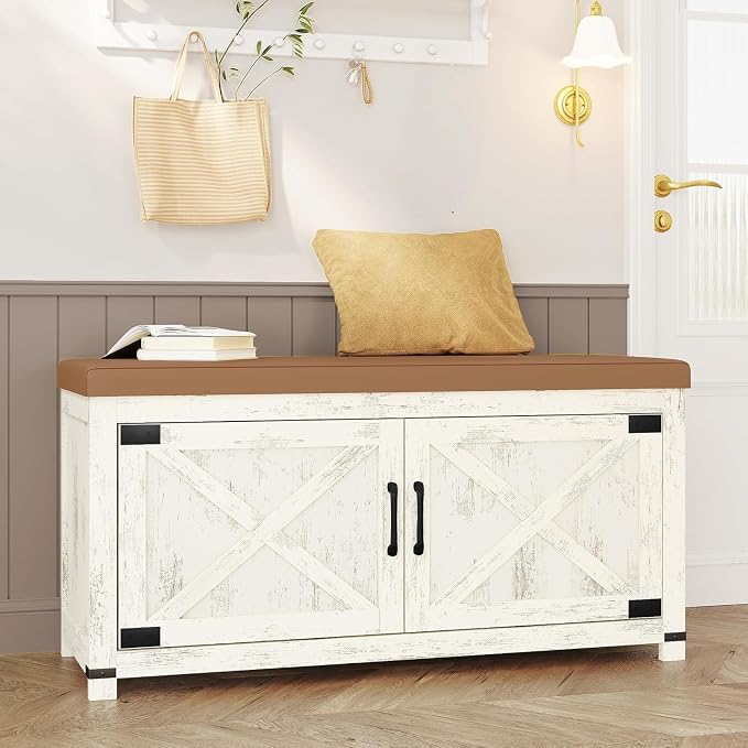 Hzuaneri 39.4" Shoe Storage Bench, with Soft Padded Seat Cushion & Doors | 2 Tier Entryway Storage Bench with Adjustable Shelf, Farmhouse Shoe Cabinet for Living room, Bedroom, Antique White SB26614KA