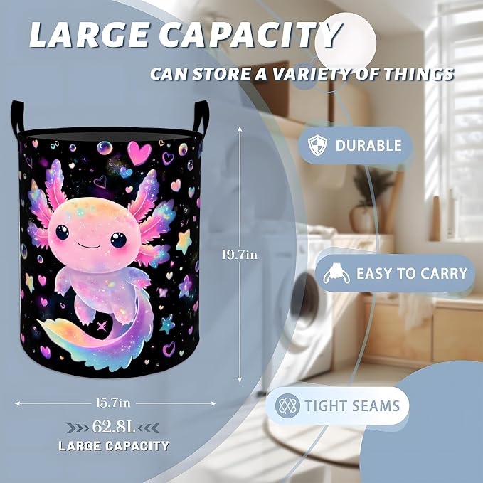 Fantasy Axolotl Laundry Basket, Colorful Star Heart Storage Hamper, Round Collapsible Waterproof Cloth Bin, 19.7x15.7 Inch Cute Pink Cartoon Clothes Organizer Gifts for Bathroom Decor
