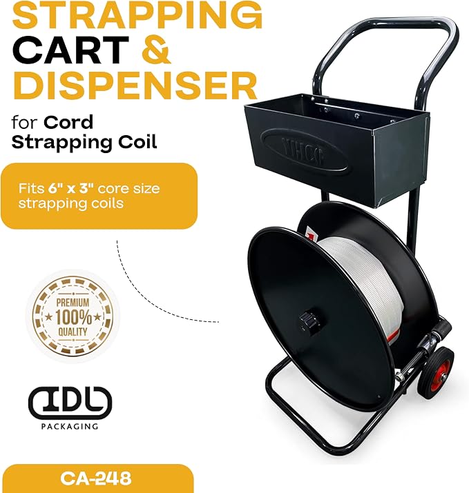 IDL Packaging Strapping Cart & Dispenser for Cord Strapping (16" x 3" Core) | CA-248 for Woven Cord Coils - Durable Steel Tube Frame and Rubber Wheels - Built-In Tray for Cutter, Buckles, & Gloves