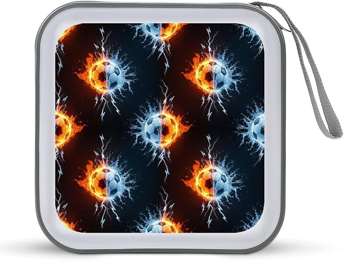 40-Disc Capacity CD/DVD Case Football Ice And Fire Soccer, Hard Plastic Protective Storage Binder with Zipper, Portable Organizer for Car Home Office