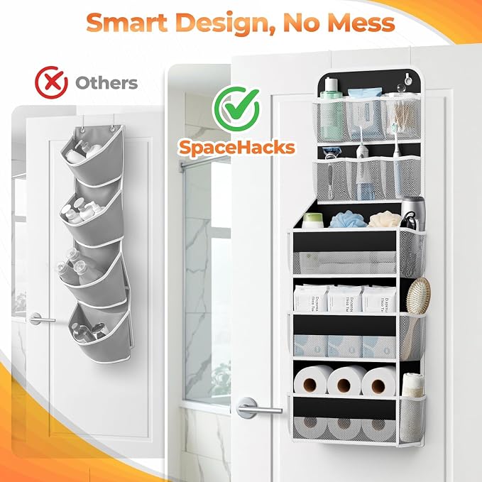 SpaceHacks 5-Tier Over the Door Organizer with Mesh Pockets, Baby Nursery Storage for Closet, Bathroom and Bedroom, Adjustable Hanging Closet Organizer for Cosmetics, Books and Essentials (Black)