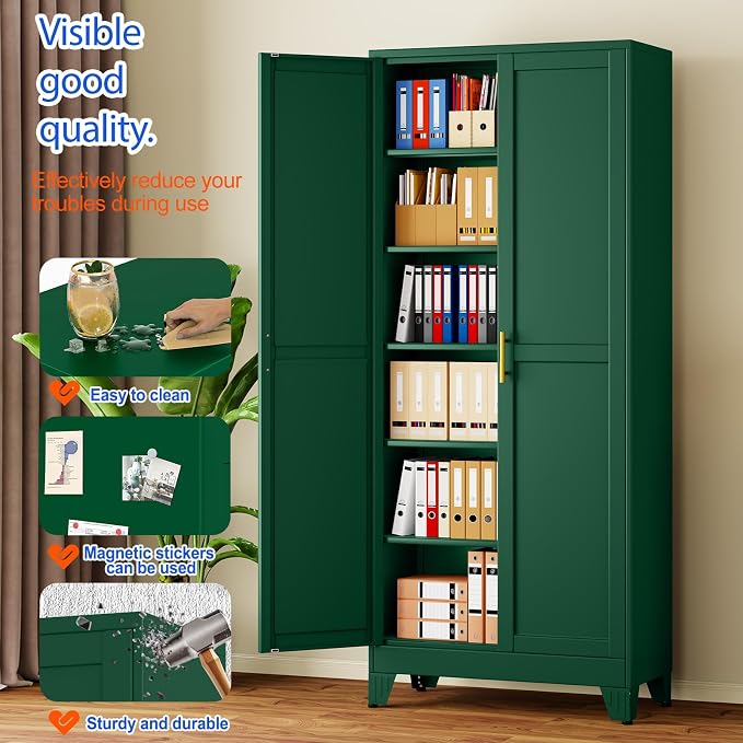 GAIOUS 75'' Tall Metal Garage Storage Cabinet,File Cabinet with Door and Adjustable Shelves, Outdoor Steel Tool Cabinet for Home,Office,Warehouse,Garage,Green