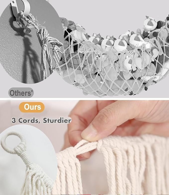 Stuffed Animal Hammock - Extra Large 63'' Long (Cream White) | Premium Cotton Hand-knitted, Beautiful Long Tassel, Storage Hanging Organizer, Can Fit Stuffed Animals 40 Piece or More
