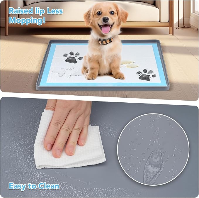 Pee Pad Holder for Dogs, Dog and Puppy Pee Pads Holder, 24"x24" Non-Slip & Leak-Proof & Portable Silicone Mat with Raised Edge Design, Square Puppy Potty Training Tray for Home Floor Protection(Grey)