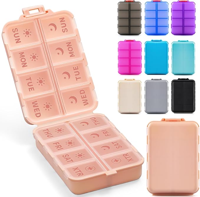 Foldable Weekly Pill Organizer 2 Times a Day with 2 Extra Compartments - Etched Labels - Portable 7 Day AM PM Medicine Box, Week Daily Travel Pill Case Holder Dispenser for Vitamin, Supplement - Pink
