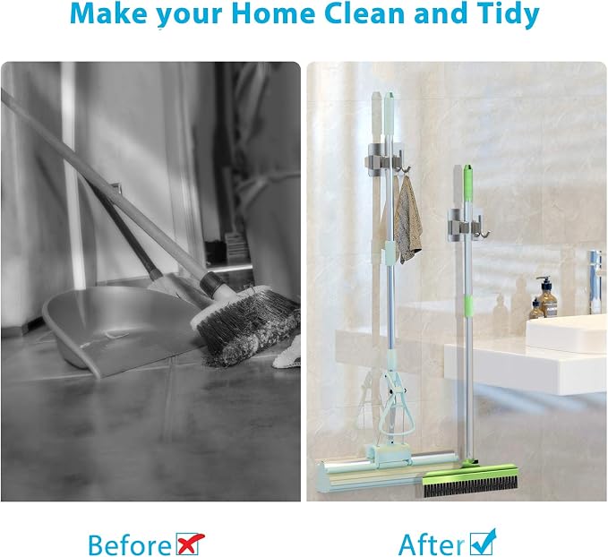 homeasy Mop Broom Holder No Drill, Mop Broom Organizer Wall Mounted Heavy Duty with Hooks Hanger, Self Adhesive Stainless Steel 4Pcs for Bathroom, Kitchen, Office (Silver)