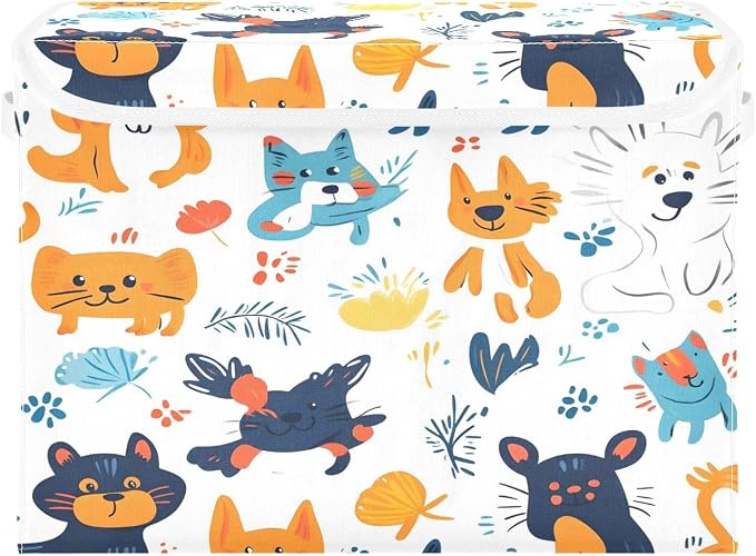 Pets Cats and Dogs Storage Box with Lid and Handles Large Collapsible Fabric Storage Basket Shelf Closet Organizer Bin Holiday Gift Box for Home Bedroom Office