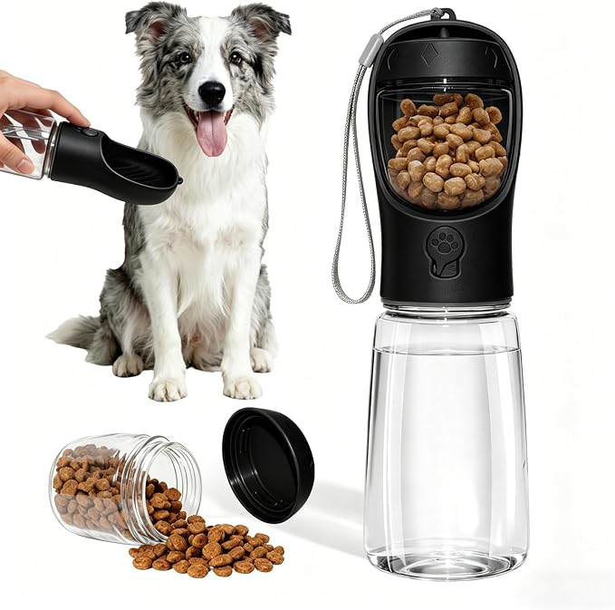 Portable Dog Water Bottle with Food Container, Drinking Bottle for Travel | 2 in 1 Dog Water Bowl, Leak Proof Pet Water Dispenser, BPA Free, Puppy Essentials, for Walking Hiking (Black,19oz)