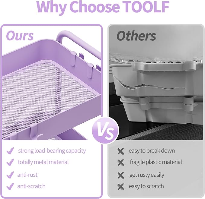 TOOLF 4 Tier Metal Rolling Cart, Utility Storage Cart with Wheels, Purple | Screwless Assembly, Lockable Metal Wheels, Trolley Organizer for Bathroom, Kitchen, Office, Dorm, Laundry, Craft Room