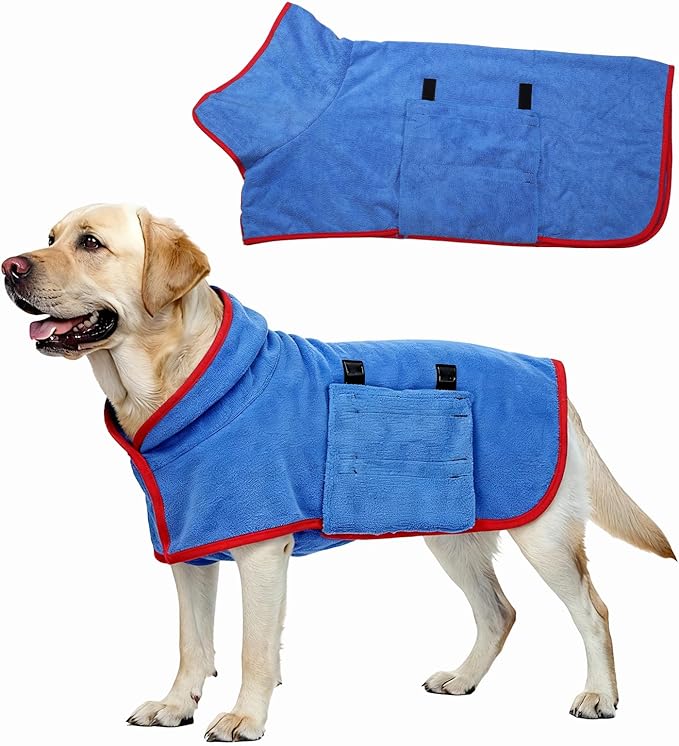 Dog Drying Coat, Dog Robes for After Bath Bathrobe Super Absorbent Towel Soft Adjustable, (L, Blue), Intended for Fast Drying Warm Keeping Pet Cats Kitten Puppies