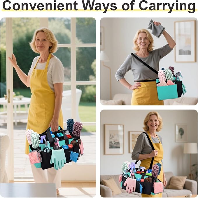 Wearable Large Cleaning Caddy Bag for Housekeepers (Lakeblue) | Cleaning Supplies Organizer with Adjustable Shoulder, Waist & Handle Straps, Detailing Bag for Kitchen Supplies
