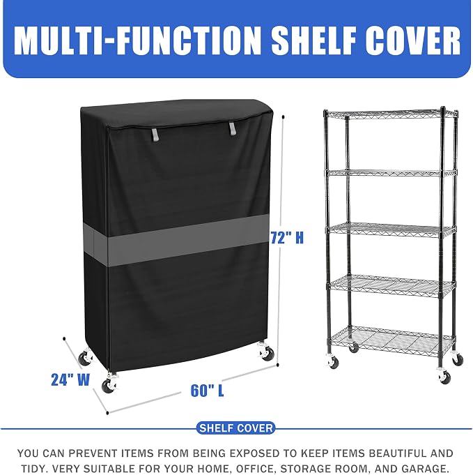 Wire Shelf Cover 60x24x72 Heavy Duty 600D Waterproof Dustproof Zipper Cover | dustproof shelf cover with zipper fits 60x24x72 metal racks for garage warehouse storage protection