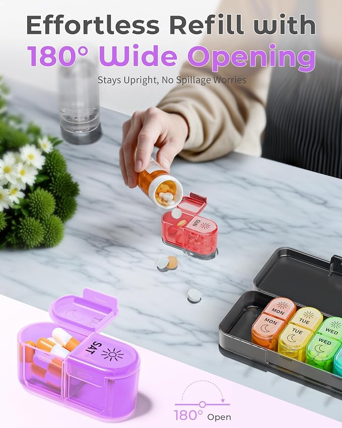 𝐏𝐢𝐥𝐥 𝐎𝐫𝐠𝐚𝐧𝐢𝐳𝐞𝐫, Am & Pm Pill Organizer 7 Days, Weekly Pill Organinzer 2 Times a Day, Pill Box 7 Day, Medicine Pill Organizer for Travel, Vitamins, Fish Oils, Supplements
