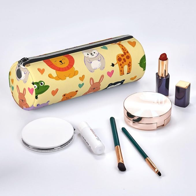 OSAM SPACE Leather Pencil Case Round Pencil Bag Cute Animals Hearts Pen Organizer Holder Portable Zipper Pouch Cute School Supplies for Girls Boys Study Office