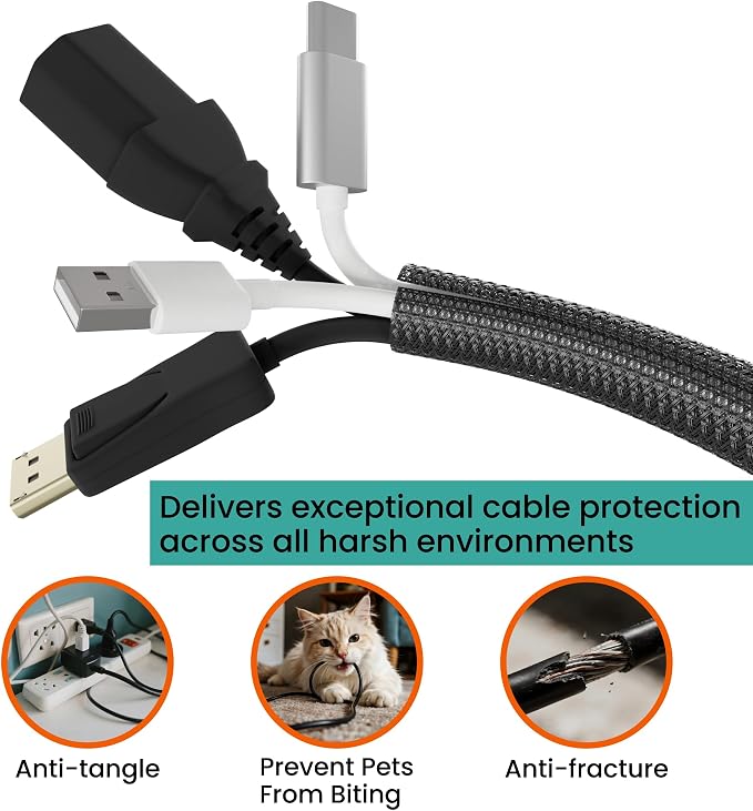 CableGeeker Braided Cable Management Sleeve, 25 ft (300 in), 1/2 in, Black | Expandable Split PET Braid, Self-Closing Design for TV, PC, USB and Ethernet Cables, Protect Pets Kids