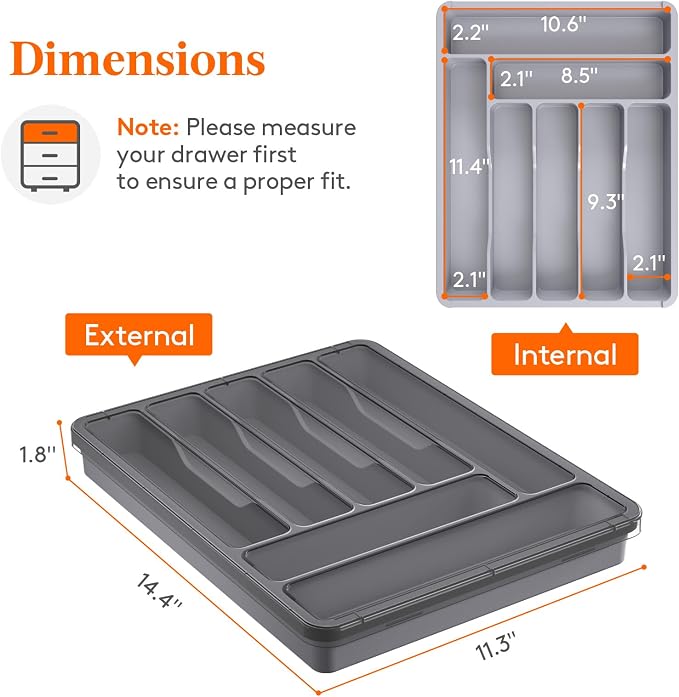 Lifewit Silverware Organizer with Lid, Covered Utensil Tray, 11.3x14.4 | Plastic Cutlery Storage Box for Kitchen Drawer and Countertop, Flatware Case Holder for Spoons Forks Knives, Gray