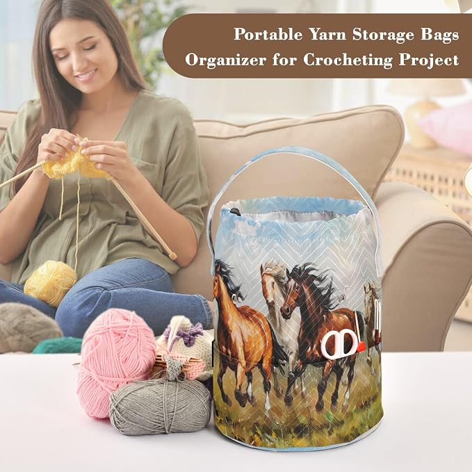Fustylead Horses Galloping on Grassland Oil Painting Yarn Knitting Crochet Drawstring Bag with Customized Front Compartment, Portable Large Storage Basket for Crocheting Project, Yarn Ball, Needles