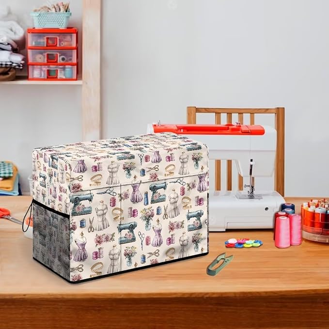 Sewing Print Design Sewing Machine Cover,Duty Protective Dust Cover with Storage Pockets for Most Standard Singer & Brother Sewing Machines and Accessories
