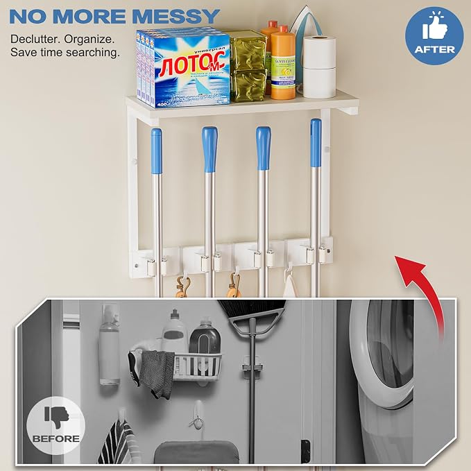 Olakee Broom Holder Wall Mount with Cleaning Supplies Organizer, Laundry Room Organization and Storage Shelves, Mop Hanger Rack with Hooks, Utility Shelf Closet Organizer for Garage Home Improvement