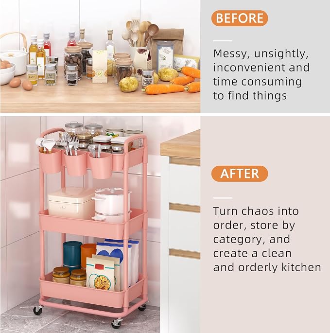 3-Tier Plastic Rolling Storage Cart Utility Cart Pink | Utility Cart with Extra Hanging Cups Arc-Shaped Handles Lockable Wheels for Living Room Bathroom Kitchen Office