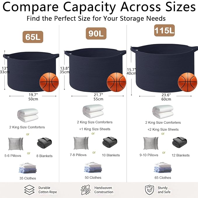 65L Large Blanket Basket,Woven Rope Laundry Basket-Dark Blue | Collapsible, reinforced handles, nursery storage bin organizes clothes, toys and pillows for living room, bedroom bathroom