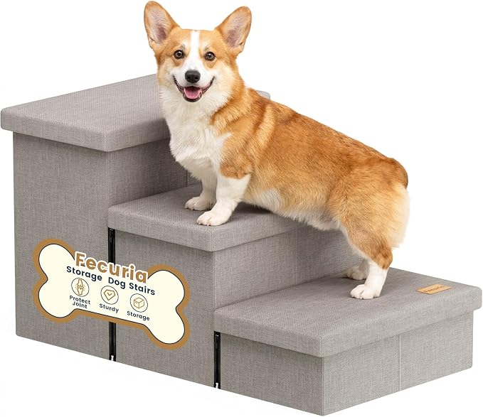 3-Step Dog Stairs for Large Dogs with Storage 18" H, Light Grey | Wide Dog Steps for High Bed Couch Window Car, Jiont-Friendly Pet Stairs Ramp for Small/Medium/Large Old Dogs Cats