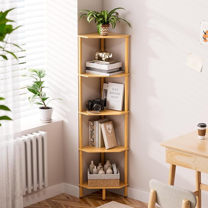 Corner Shelf, 5 Tier Bamboo Corner Bookshelf, 54" Tall Narrow Bookcase, Plant Stand, Corner Display Rack, Shower Caddy, Display Standing Shelf Organizer for Bedroom, Living Room, Kitchen, Apartment