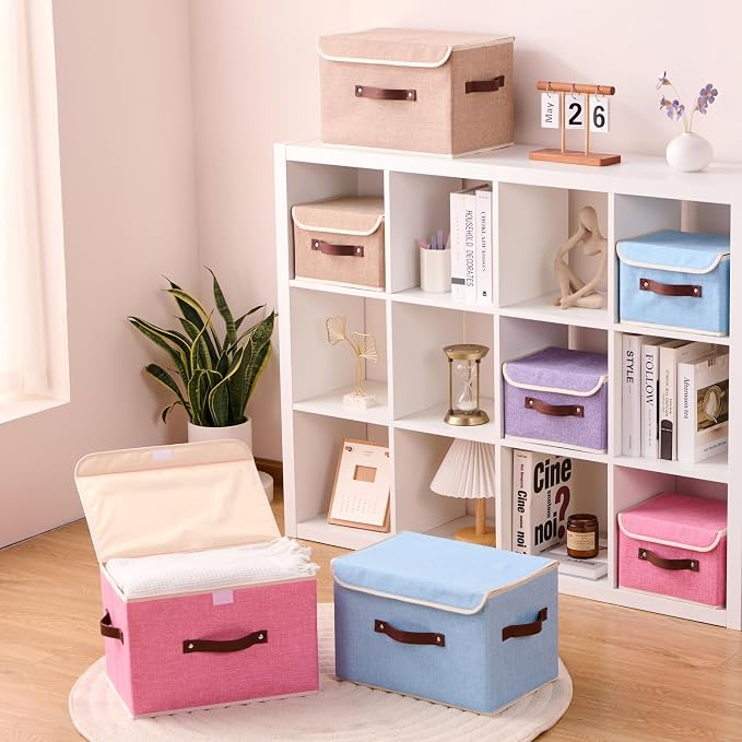 Storage Boxes with Lids Cotton Linen Fabric Bins Baskets | Decorative Collapsible Washable, Clothes Container Organizer for Closet Shelf, w/ Faux Leather Handles, Pink, Large