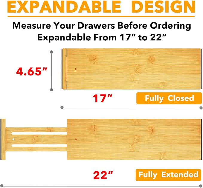 SpaceAid Bamboo 4 Pack Dresser Drawer Dividers, 4.65“ High Adjustable 17“-22” Drawer Organizers, Expandable Organization for Clothing, Clothes, Dressers, Natural