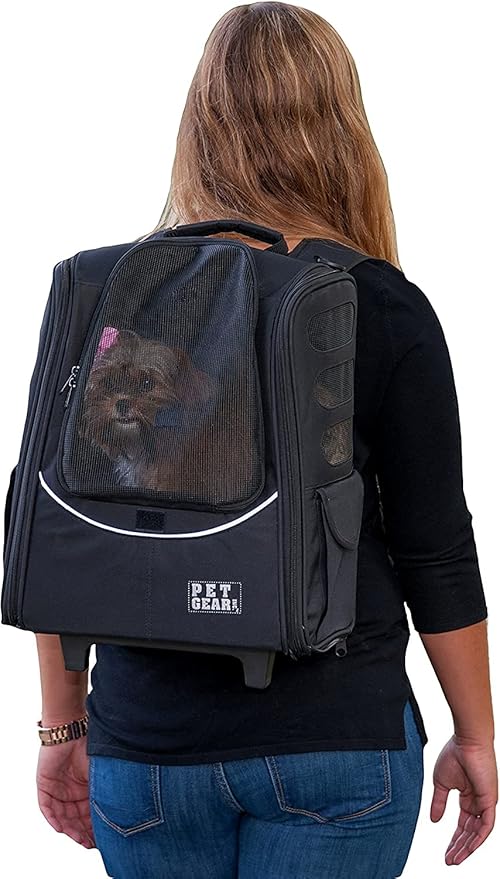 Pet Gear I-GO2 Roller Backpack, Travel Carrier, Car Seat for Cats/Dogs, Mesh Ventilation, Included Tether, Telescoping Handle, Storage Pouch, 2 Models, Available 12 Colors