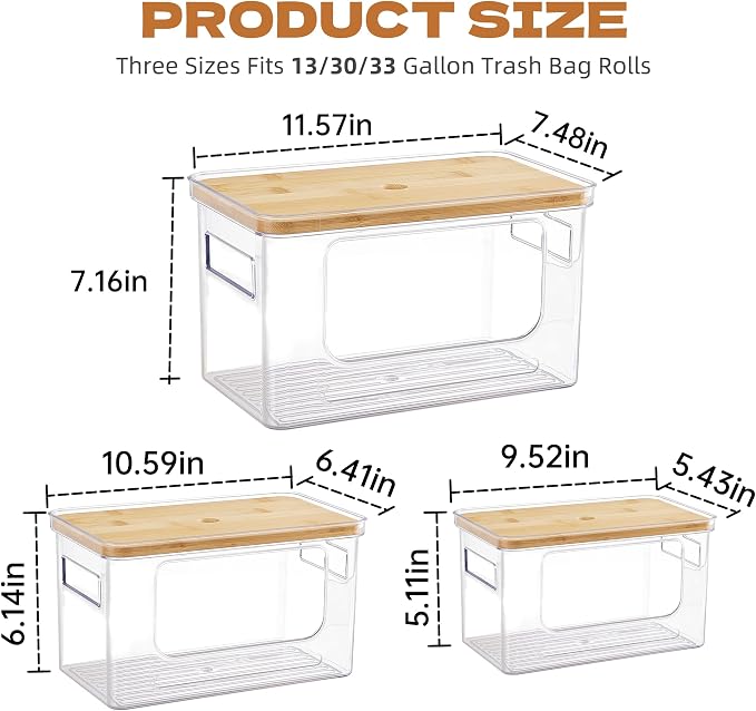 Goabroa 3 Pack Trash Bag Holder Dispenser with Bamboo Top, Stackable Garbage Bag Holder for TrashBags 13/30/33 Gallon, Garbage Bag Organizer Under Sink for Kitchen and Laundry Room Organization