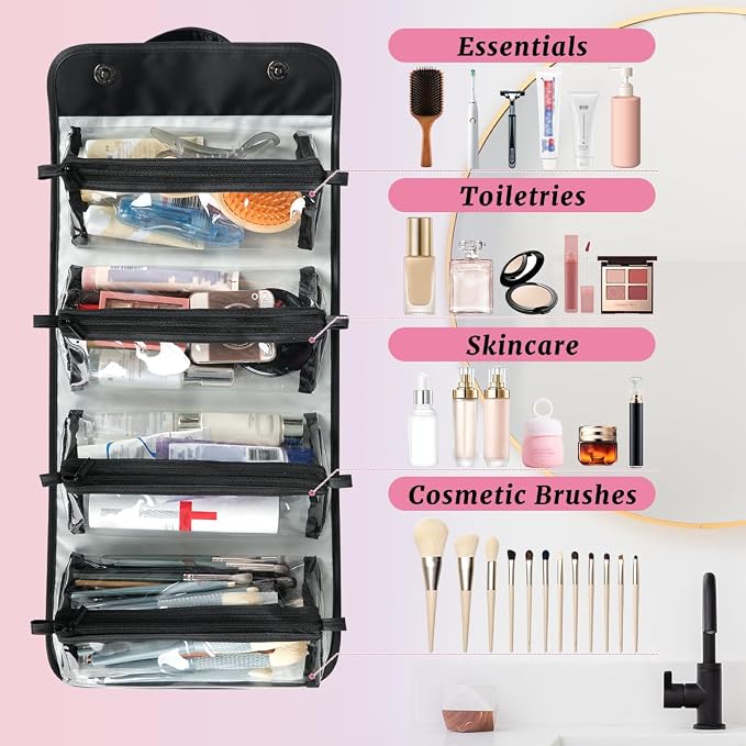 Cute Dog Makeup Bag for Women Hanging Roll-Up Travel Organizer Toiletry Kit with 4 Removable Compartments, Dog Paw
