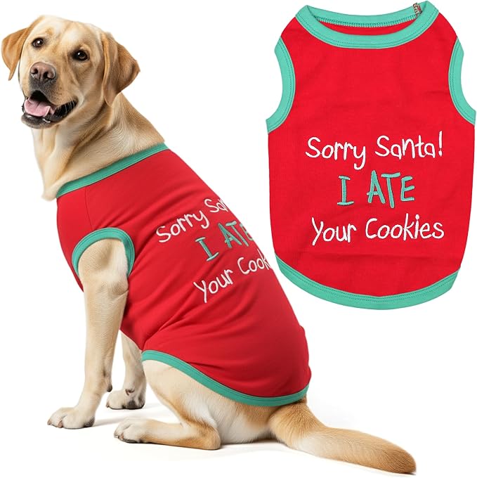 Parisian Pet Dog Tshirt - Embroidered “ Sorry Santa I Ate Your Cookies “ Dog Shirt - Lightweight Cotton Puppy Christmas Outfit - Sleeveless Christmas Pet Clothes - Shirts for Large Dogs - 2XL