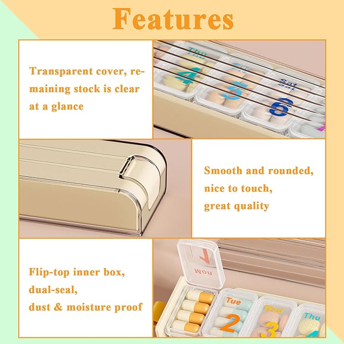 7 Days Travel Pill Dispenser Case, Weekly 7 Compartment Pill Box | Mini Portable Daily Medicine Pill Organizer, Every Day Dose, Senior-Friendly, for Vitamins, Supplements, Fish Oil (Yellow)