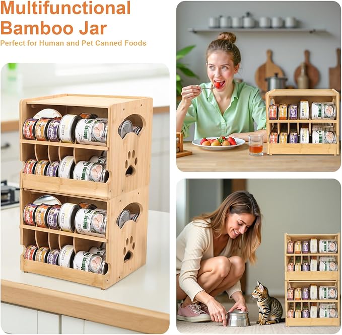 Bamboo Cat Food Can Organizer. Upgraded 2-tier stackable design Holds 42 (3oz) cans. Perfect for pantry/kitchen Durable & space-saving pet food storage rack (Small)