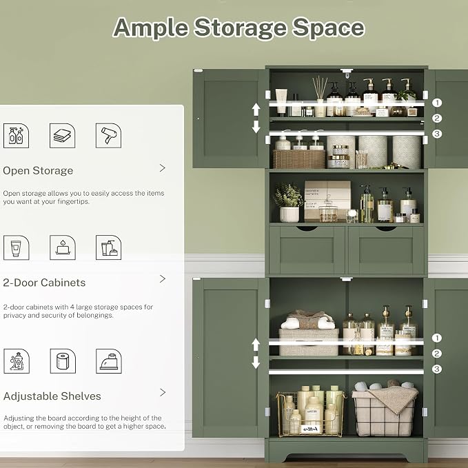TEENFON 57.8" H Tall Bathroom Storage Cabinet with 2 Drawers & 2 Adjustable Shelves, Floor Cabinet with 4 Doors, Tall Cabinet for Living Room, Dining Room, Entryway, Forest Green