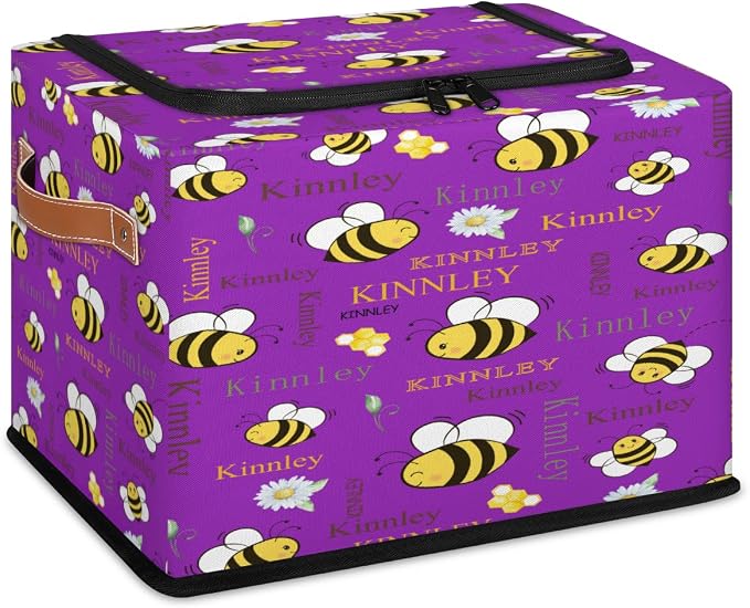 Custom Storage Baskets for Kids with Name, Dark Violet Purple Large Organizer Collapsible Storage Bin with Zipper Lid Leather Handle for Home Toys Closet Nursery, Bee with Daisy Floral